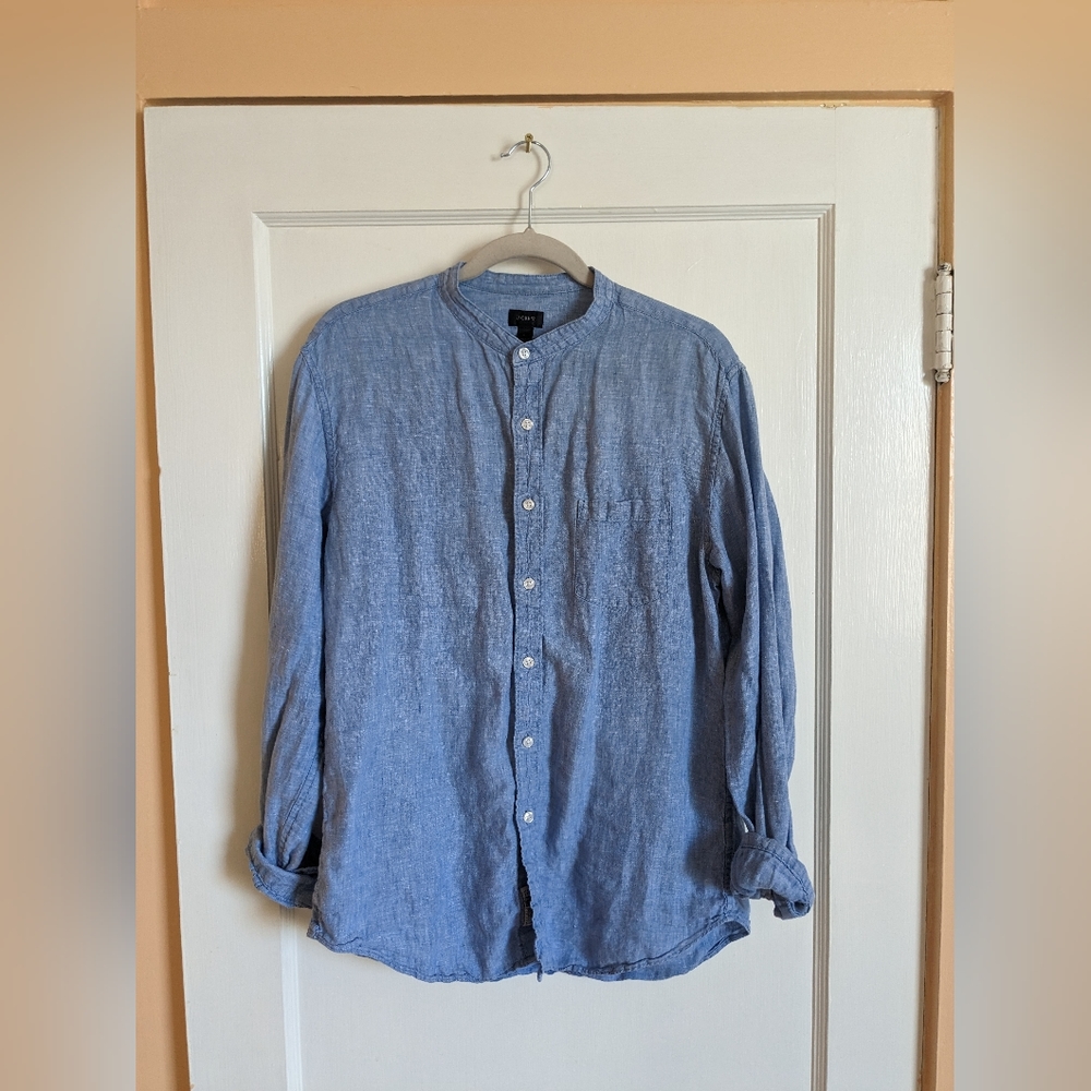 J Crew Baird McNutt Irish linen band collar chambray shirt large